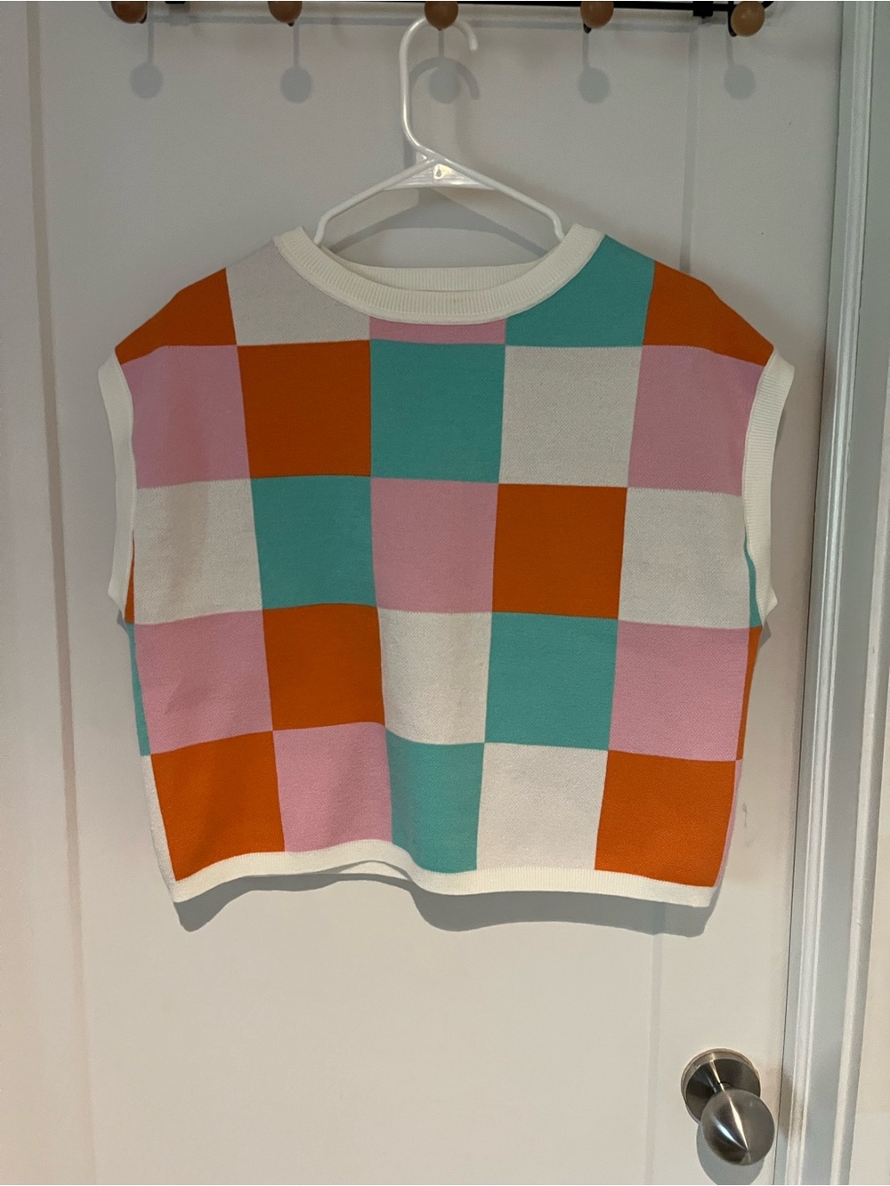 Amazon Colorblock Checkerboard Knit Crop Top - Pink, Teal, Orange, White